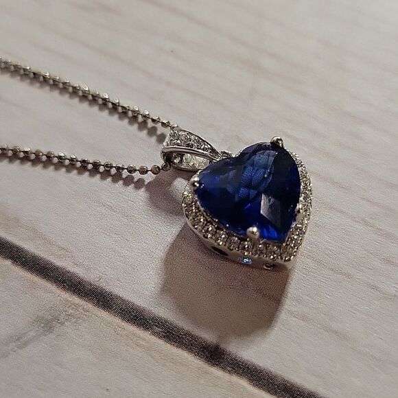 Blue Obsidian & Cubic Zirconia Platinum over 925 Silver Heart Pendant Necklace - Picture 7 of 13